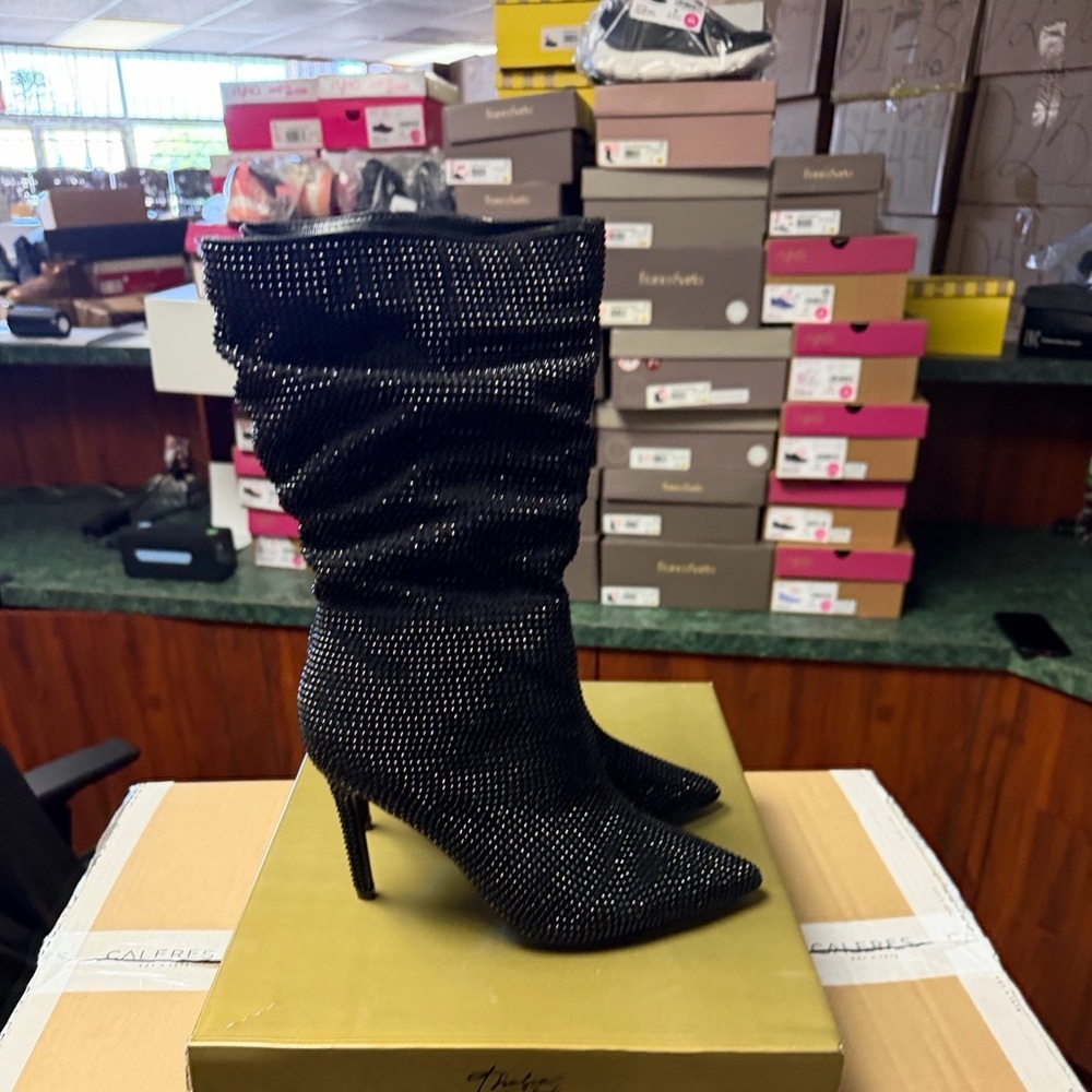 Thalia Sodi Black Crystal-Studded Slouchy Stiletto Boots - Picture 2 of 4